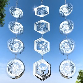 Leafcraft 12Pcs Bird Scare Discs Set Reflective 3D Stainless Steel Wind Spinner Outdoor Garden Hanging Decor, Bird Devices Deterrent Reflectors to Scare Birds Away from Yard Patio (Sunflower and Bee)