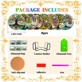 Diamond Painting Coasters, Diamond Painting Mandala Tree of Life for Children Adults with Holder, 8 Pieces DIY Craft Set 8 9 10 Years Children 5D Mandala Coasters, Living Room Decoration