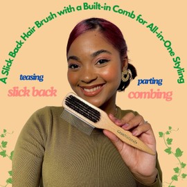 GranNaturals Boar Bristle Slick Back Hair Brush w/Comb for Smoothing Sleek Ponytail Bun - Wide Rat Tail & Metal Comb Hairbrush for Parting, Teasing, Backcombing, Sectioning, Edge Control, Flyaways