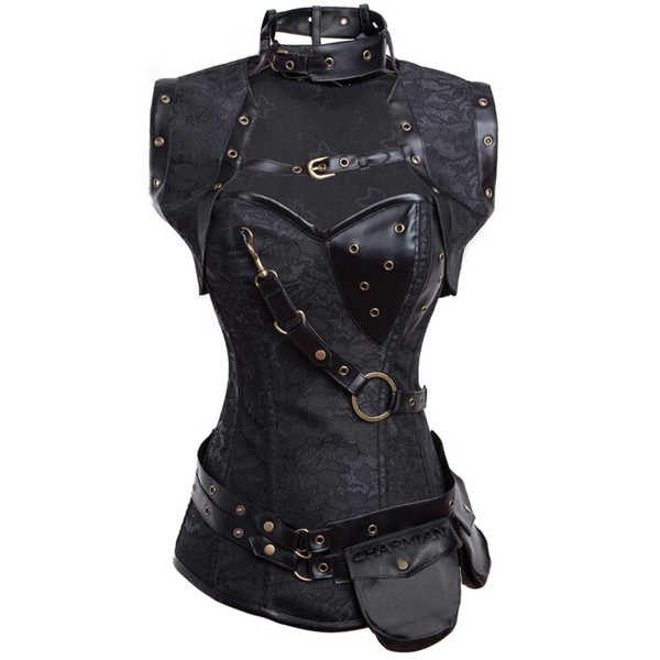 Charmian Women's Retro Goth Spiral Steel Boned Brocade Steampunk Bustiers Corset with Jacket and Belt Black Large