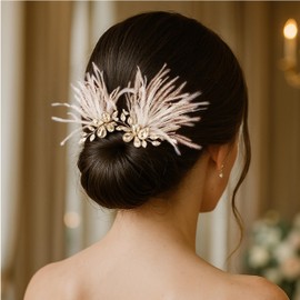 Coucoland Wedding Bridal Hair Accessories - 2 PCS Wedding Rhinestone Feather Hair Clip Bridal Comb Bride Pieces for Women(Gold)