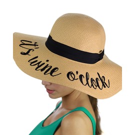 C.C Women's Paper Weaved Crushable Beach Embroidered Quote Floppy Brim Sun Hat, It's Wine O'Clock