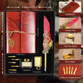 Feather Quill Pen and Ink Set,Antique Calligraphy Pens with Leather Journal Notebook,Feather Pen,5 Gold Nibs,Pen Holder,Ink,Calligraphy Kits for Beginners,Feather Dip Pen Fountain Pen Christmas Gift