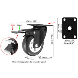 Heavy Duty Plate Caster Wheels 4" PU No Noise,Premium Polyurethane Double Ball Bearing Steels,Easily Lock or Unlock -330 Lbs Per Casters (Pack of 4, 2 Swivel Dual Locking & 2 Swivel) Black Wheel