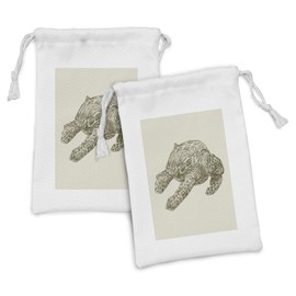 Lunarable Turtle Fabric Pouch Set of 2, Soft Toned Pencil Sketch Inspired Drawing of a Grungy Sea Tortoise, Small Drawstring Bag for Toiletries Masks and Favors, 9" x 6", Green Brown and Grey Yellow
