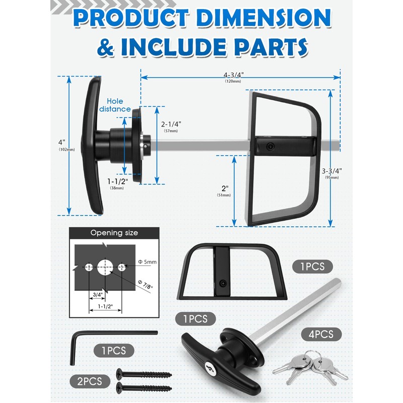 Quality Life Shed Door T-Handle Lock Latch Kit 4-3/4" Stem