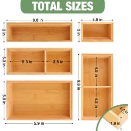 Bxngjuj Bamboo Drawer Organizer,5 PCS Silverware Organizer & Kitchen Organizers and Storage,Utensil Drawer Organizer With Removable Dividers for Kitchen,Utensils,Bathroom,Office,Makeup(Natural)
