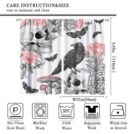 JanJCurt - Cortinas de cuervo de calavera retro, para ventana de cuervo de Halloween, diseño gótico, esqueleto, bosquejo, polilla negra, estampado de hongos, tratamientos de ventana para habitación de