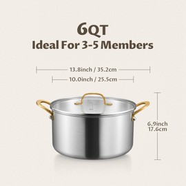 BEZIA 6 Quart Tri-Ply Stainless Steel Stockpot，Even Heat Distribution, Cooking Pot With Stay-Cool Handles, Oven-Safe Up to 500°F, Compatible with All Cooktops, Perfect for Soups & Stews, Silver