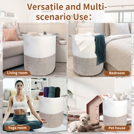 40L Laundry Basket with Handles: Large Cotton Rope Woven Hamper for Clothes, Blankets, Toys, Foldable Tall Storage Bin for Bedroom, Nursery, Living Room Decor (Beige & White)