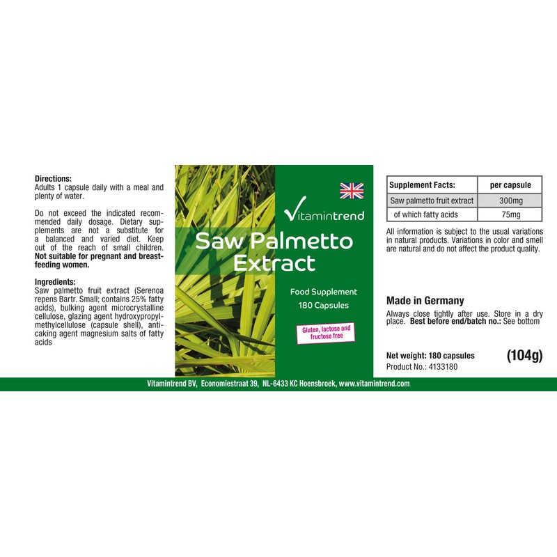 Saw Palmetto Extract 300 mg - 180 Capsules - Vegan