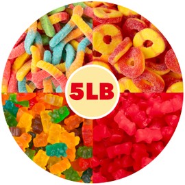 5 lb Bulk Gummy Candy Box – Includes Gummi Bears, Cinnamon Bears, Sour Gummy Worms, and Gummi Peach Rings – Fun Variety Mix for Candy Buffets, Parties, Snacking & Gifting