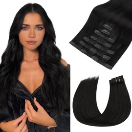 hotbanana Seamless Clip-In Real Hair Extensions, Natural Black, Remy Clip-In Real Hair Extensions, Seamless PU Hair Extensions, 40 cm, 110 g, 7 Pieces