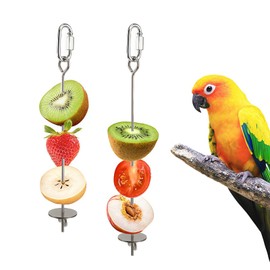 2 Pcs Bird Cage Food Holder Stainless Steel Parrot Fruit & Vegetable Skewer Hanging Foraging Toy for Parakeets, Budgies, Macaws