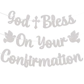 God Bless On Your Confirmation Banner - Mi Confirmacion Decor, God Bless Banner, Confirmation Party Decorations Silver Glitter