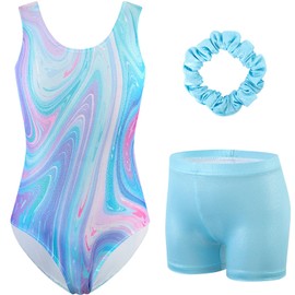 HOZIY Gymnastics Leotards for Girls Marble Blue Sleeveless Sparkle Unitard Tumbling Outfits with Shorts Scrunchie 3 Piece Activewear Sports Size 6-7