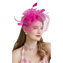 Cizoe Fascinators Hats 20s 50s Hat Pillbox Hat Cocktail Tea Party Headwear with Veil for Girls and Women(D-fushia)