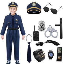 Apparlxer Detective Costume, Children's Uniform Set, Halloween Cosplay, Kids Costume, Top + Pants + Hat + Sunglasses + Belt + Tie + Toy Baton + Handcuffs + Radio + Detective Notebook + Whistle + Badge