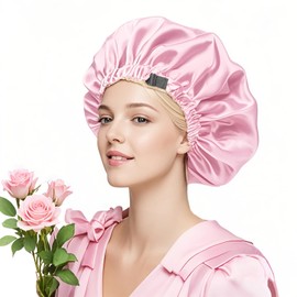 Silk Bonnet for Sleeping Women, Double Layer Soft Ajustable Elasticity Band Satin Bonnet for Sleeping Hair - Sleep Shower Caps (Pink+Gold)