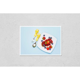 Poster Reproduction of Cottage cheese pancakes with fresh berries and strawberry sauce. Healthy and funny breakfast concept for kids. Ripe blueberry, fragrant mint leaves, cutlery. Gentle blue