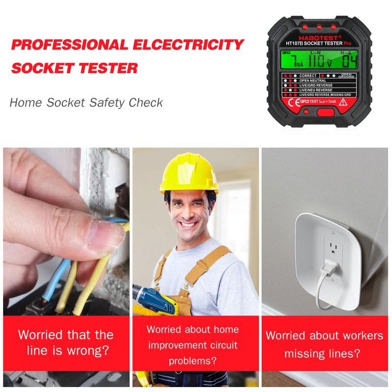 HABOTEST GFCI Outlet Tester with Voltage Display 90-250V Socket Tester