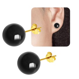 Black Agate Studs Earrings Ball Jade Stud Earrings, Natural Round Beaded Emerald Garnet Obsidian Gemstone Ear Studs Jade Jewelry Gift, Black 8mm