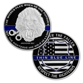 Thin Blue Line Police Officer Challenge Coin Law Enforcement K9 Coins with Proverbs 28:1 - Remember The Fallen, Respect The Righteous