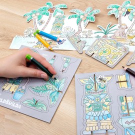 Micador jR. WorldBuilda ExpandaBits, Bela The Archeologist - Die Cut Shapes, Characters + Stickers + 4 Color Pencils - Color + Build + Play - Motor Skills, Creative Play - FSC Certified - Ages 3+