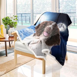 BlessLiving Fuzzy Dog Blanket for Kids Adults Sun and Moon Fleece Reversible Animal Print Sherpa Throw Travel/Single Bed (Springer Spaniel, 130 x 150 cm)