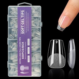 Gaivek 600 Pcs Short Coffin Nail Tips, Full Cover Soft Gel Fake Nails, Pre-Shaped Press-On Tips for Nail Extensions, for DIY Manicure and Salon Use, 12 Sizes