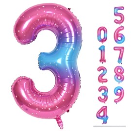 40 Inch Rainbow Large Numbers Balloons 3, Self Inflating Gradient Blue Pink Purple Digit 3 Helium Balloons for 3rd Girls, Starry Foil Mylar Number Balloons 0-9 for Women Birthday Party Decorations