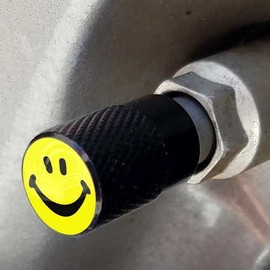Tricktoppers Vivid Black Anodized Billet Aluminum Tire Wheel Valve Stem Dust Caps for Cars Trucks Trailers SUV's RV's Motorcycles Bikes and More (Set of 4) Yellow Happy Smile Face