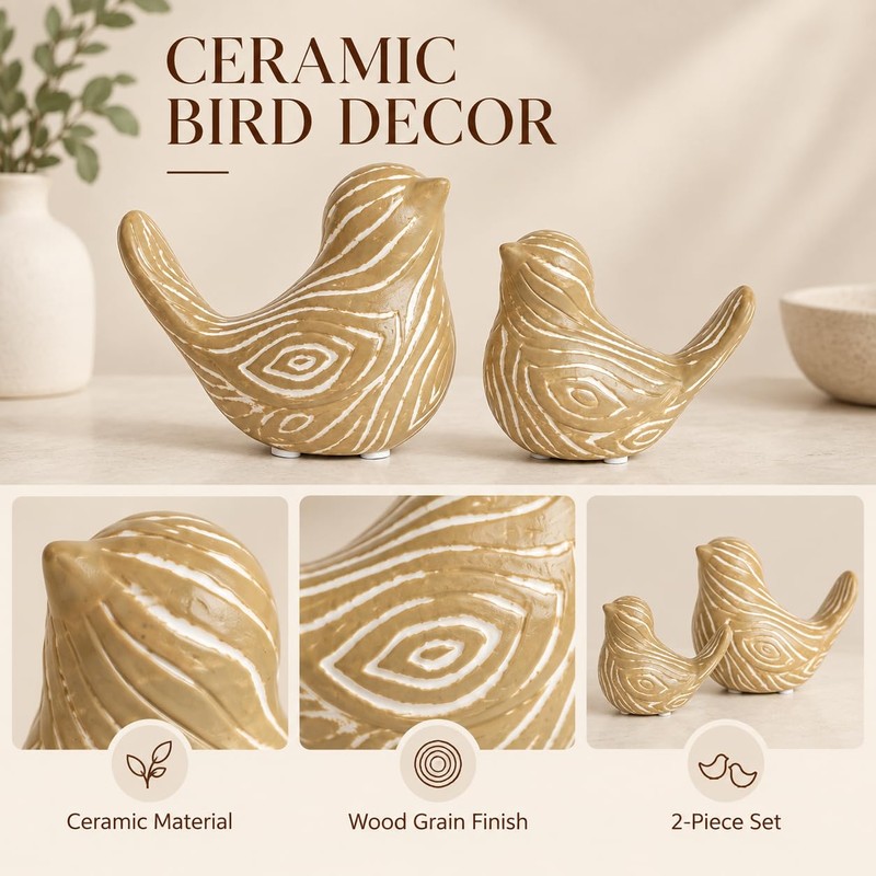 2 Pack Wood Grain Ceramic Bird Figurines, Small Bird Statues