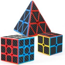 Carbon Fiber Sticker Speed Cube Set: 2x2x2 3x3x3 Pyramid Magic Cube Set, Puzzle Cube Toys Birthday Party Christmas Stocking Stuffers Gift for Kids