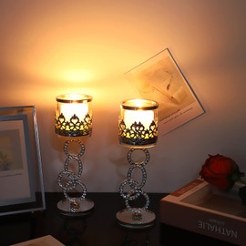 OwnMy Set of 2 Silver Crystal Pillar Candle Holders Glass Tealight Candlestick Holders with Glass Cover, 8.5" Elegant Metal Glass Votive Candle Stands for Dining Table Centerpiece Wedding Candle Decor