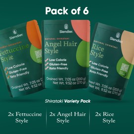 Slendier - Shirataki Variety Pack of 6 | Low Carb Pasta | Fettuccine Noodles | Shirataki Rice | No Artificial Flavors |10 Calories Per Serve | 6 Packs (Angel Hair, Fettuccine, Rice)