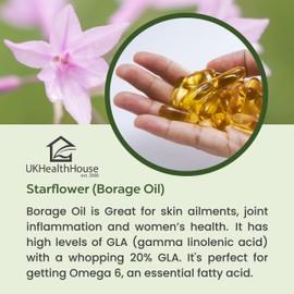 UKHealthHouse Starflower Oil – Borage Oil Capsules, 1000mg x 90 Capsules – 20% GLA Content – High Strength Omega 6 – Great for Skin, Digestion, Headaches, Women’s Health & More – 147.8g