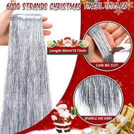 AUGSUN 6000 fili di ghiaccioli di Natale Tinsel in argento laser, 50 cm, lucidi, vintage, frangia, ghiaccioli per albero di Natale, decorazioni da appendere per la casa, Natale, vacanze, matrimoni