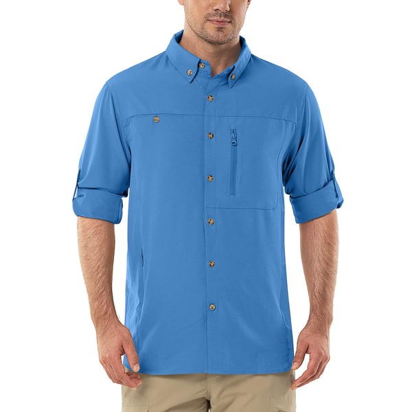 Chemise à manches longues pour homme - Séchage rapide - Légère - Respirante - Protection UV 50+ - Avec poches - Pour la pêche, la course, la randonnée, le camping, bleu marine, L