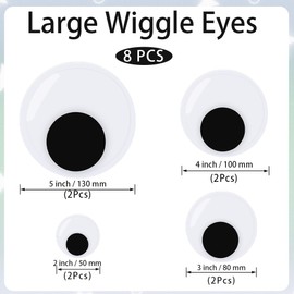 Large Googly Eyes, 8 Pcs Wiggle Googly Eye Self Adhesive Mixed Size Plastic Wiggle Eye Black White Round Eyes for Crafts DIY Supplies Christmas Tree Decoration (2 Inch, 3 Inch, 4 Inch, 5 Inch)