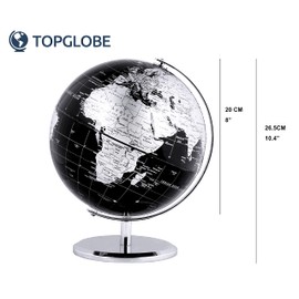 TOPGLOBE 20cm World Globe With a Metal Base – Educational/Geographic/Modern Desktop Decoration - Metallic Black