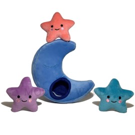 MODERN WAVE - Squeaky Plush Dog Toy - Interactive Hide and Seek Squirrel Type Puzzle Toy for Dogs, Small Size (Moon and Stars)