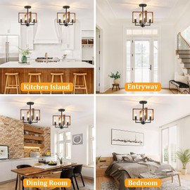 TOULMJ 4-Light Semi Flush Ceiling Light, Wood Ceiling Light Fixture, Farmhouse Light Fixture for Kitchen Island, Hallway, Entryway, Laundry Room, Bedroom