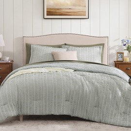 BLOOMHAVEN King Comforter Set - 7 Pieces Green Gauze Muslin Bedding Sets for All Seasons, Lightweight Breathable Bed in a Bag King with Revesible Farmhouse Comforter, Sheets, Pillowcases & Shams