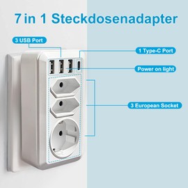URLINE Socket Adapter, 7-in-1 Multiple Socket with 1 Schuko Plug, 2 Euro Plugs, 3 USB A 1 USB C, Multiple Plug for Home, Travel and Offices