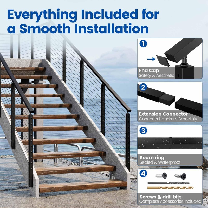 Muzata 8ft Black Aluminum Cable Railing Handrail Rectangular HL10