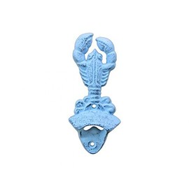 Hampton Nautical Dark Blue Whitewashed Cast Iron Wall Mounted Lobster 6" Bottle Opener