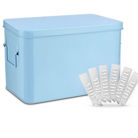 Flexzion Tin Storage Box with Removable Tray, 13 Inch Seed Organizer Box and Metal Seed Holder Organizer with Hinged Lid, Toolbox Container for Crafts, Hardware, Tools, Essentials, Blue