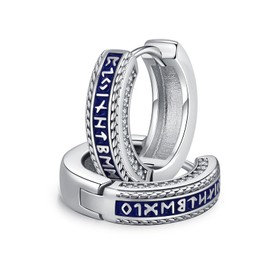 ZIPPICE Viking Creole Earrings 925 Sterling Silver Viking Rune Black Sleeper Earrings Folding Hoop Earrings Unisex Hoop Earrings Viking Jewellery for Men Women Men Women, Sterling Silver