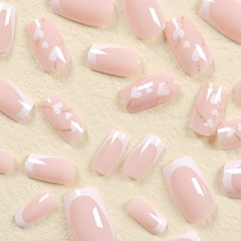 French Tip Press on Nails Medium Pink Fake Nails Square Shape White Heart False Nail Tips Full Cover Glue on Nails Short Acrylic Nails Valentines Day Stick on Nails for Women Nail Decorations 24Pcs